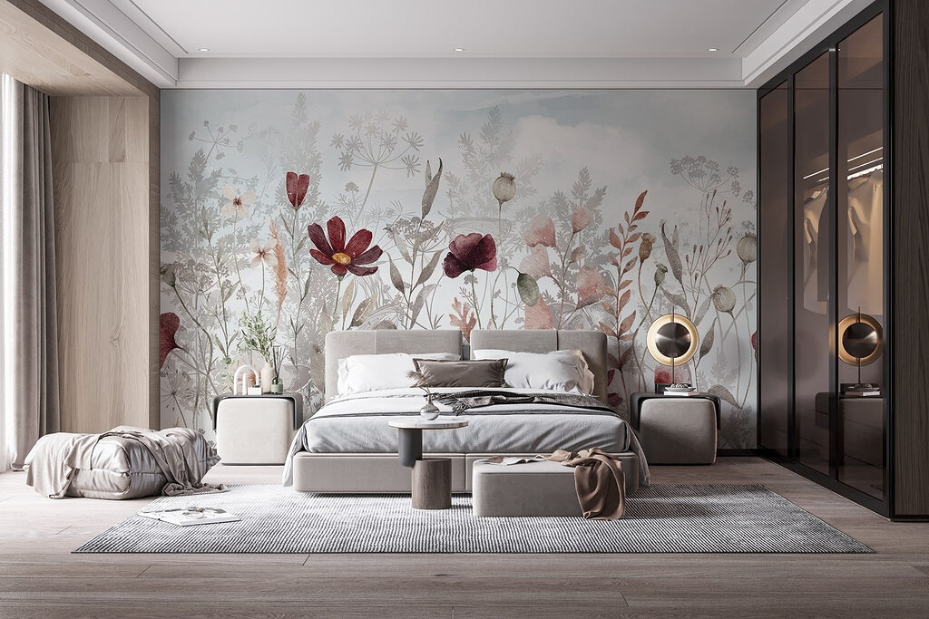 Bordeauxrode bloemen tussen bladeren — interieur 3