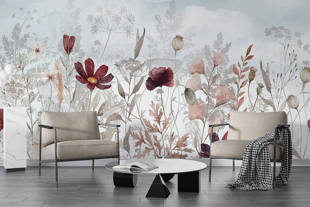 Bordeauxrode bloemen tussen bladeren — interieur 4