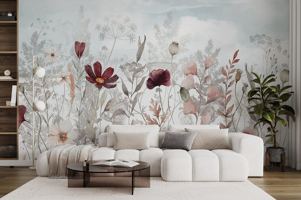 Bordeauxrode bloemen tussen bladeren — interieur 5