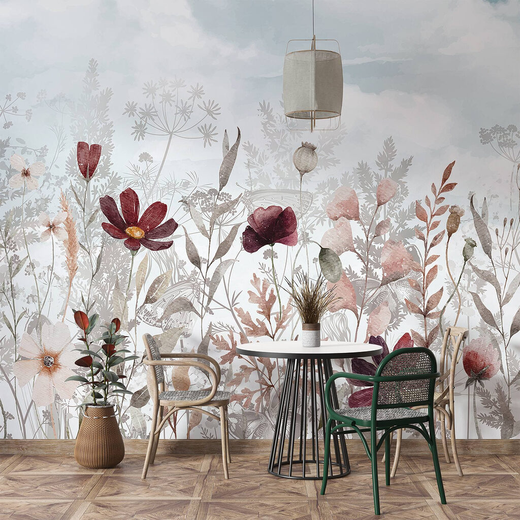 Bordeauxrode bloemen tussen bladeren — interieur 6