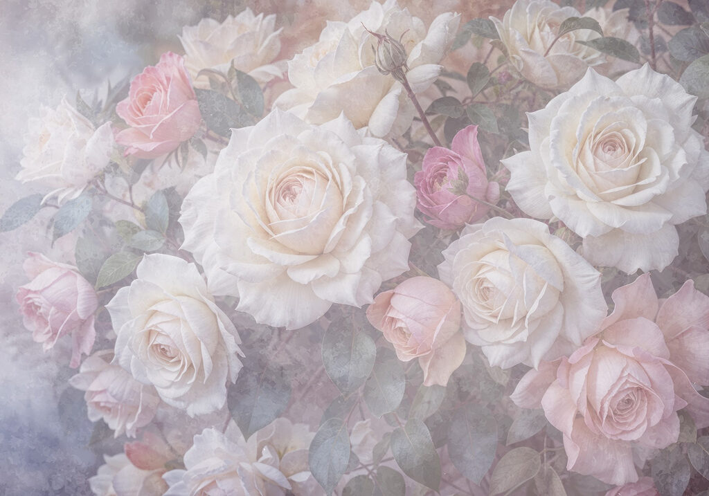 Roze rozen achter kleurmist — volledig ontwerp