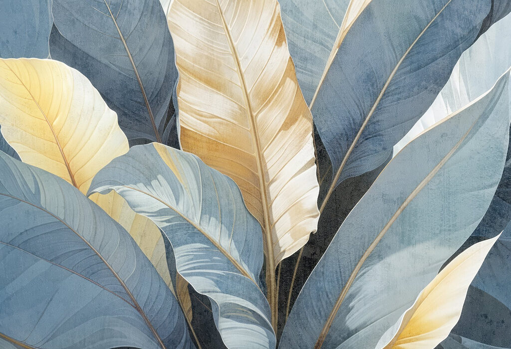 Blauwe bladeren met goudnerven — volledig ontwerp