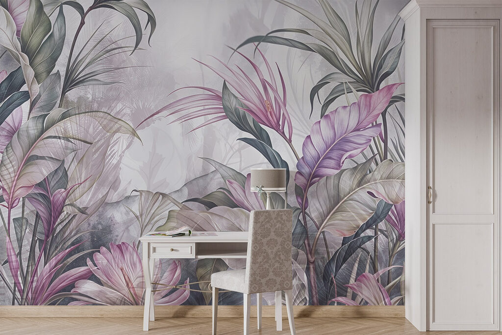Schilderij van bloemen en bladeren in een interieur