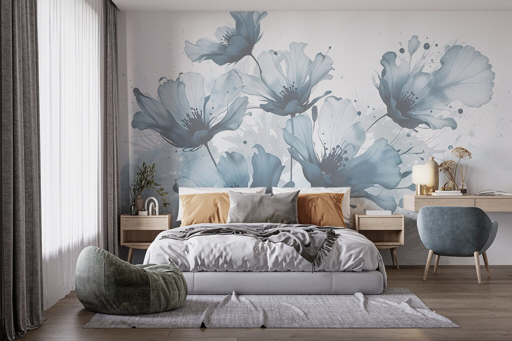 Groep bloemen met blauwe en witte kleuren in een interieur
