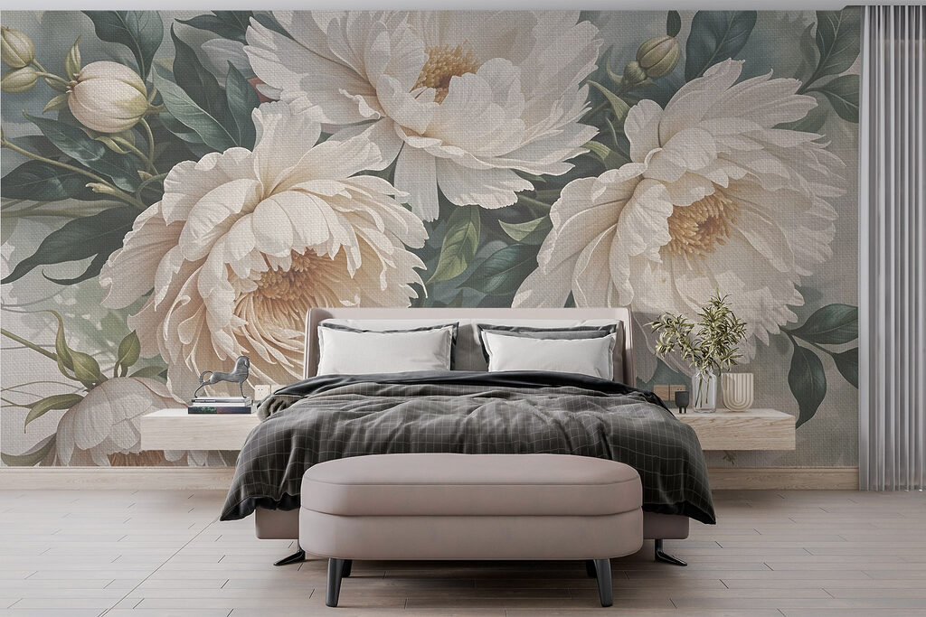 Crèmekleurige pioenen tussen loof — interieur 1
