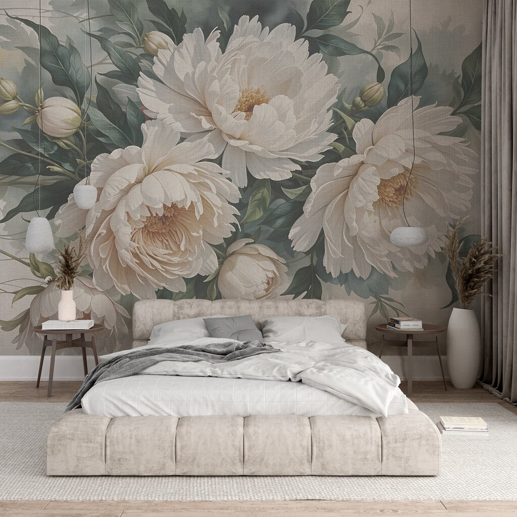 Crèmekleurige pioenen tussen loof — interieur 2