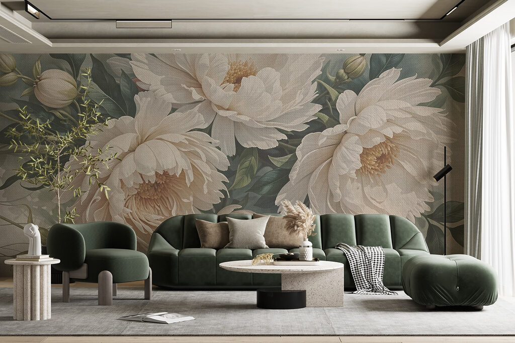 Crèmekleurige pioenen tussen loof — interieur 3