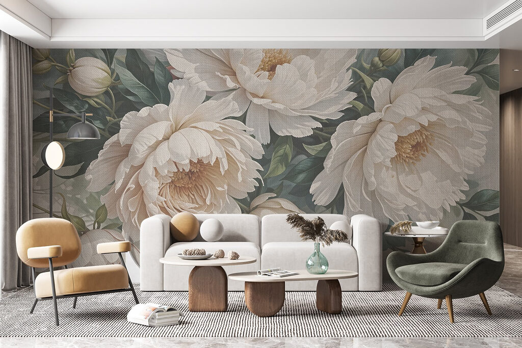Crèmekleurige pioenen tussen loof — interieur 4