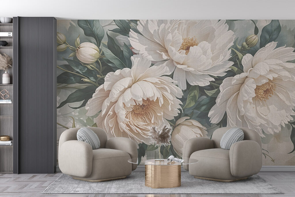 Crèmekleurige pioenen tussen loof — interieur 5