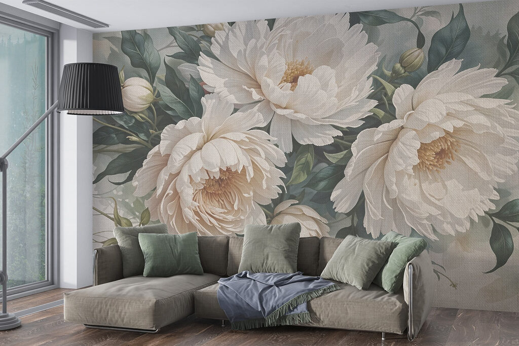 Crèmekleurige pioenen tussen loof — interieur 6