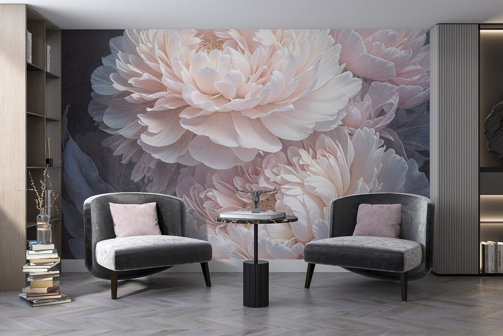 Roze pioenen tegen antraciet — interieur 4