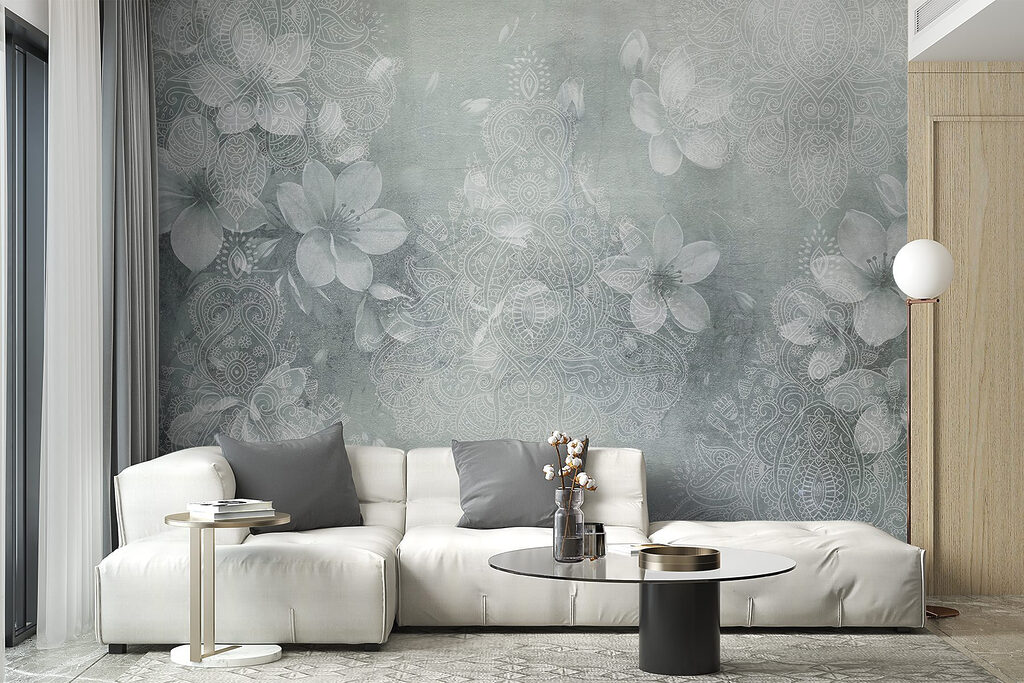 Bloemen op grijsgroene textuur — interieur 1