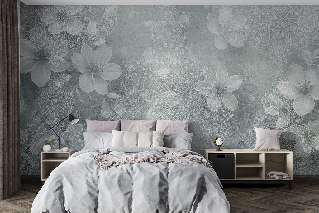 Bloemen op grijsgroene textuur — interieur 2