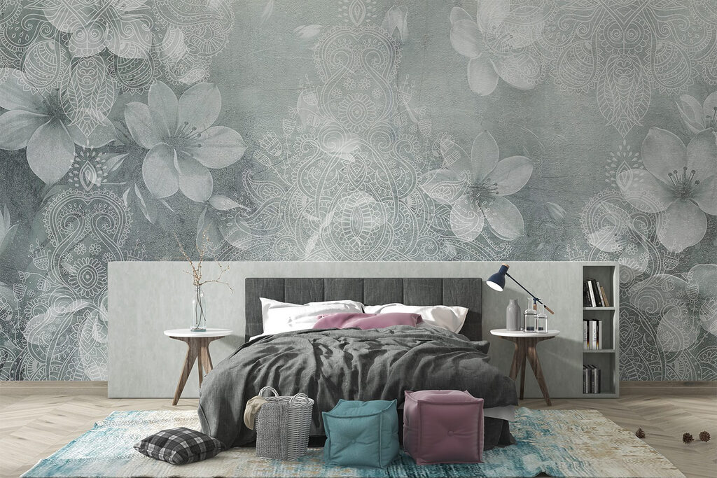 Bloemen op grijsgroene textuur — interieur 3