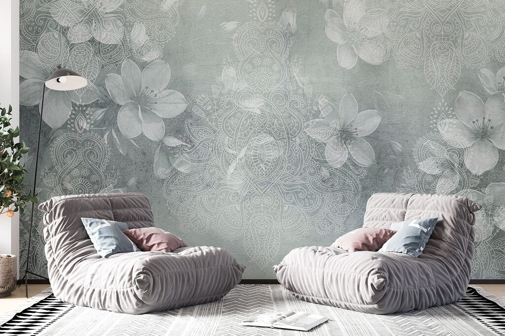 Bloemen op grijsgroene textuur — interieur 5