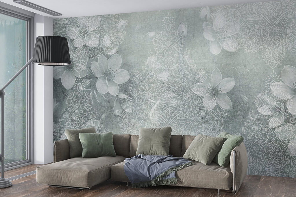 Bloemen op grijsgroene textuur — interieur 6