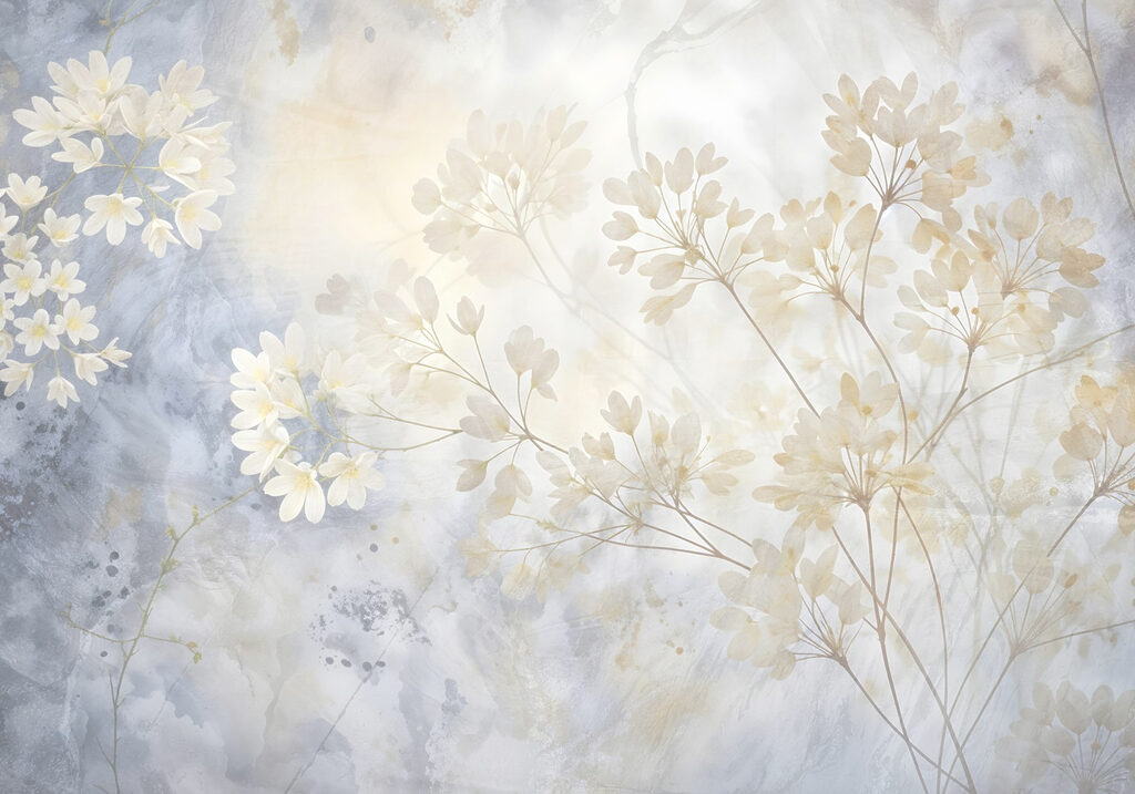 Witte bloesem in blauw — volledig ontwerp