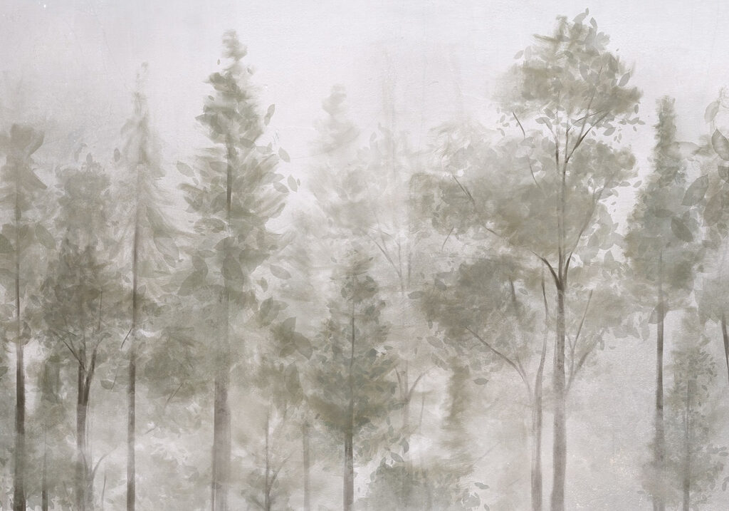 Lichte bosstammen achter mist — volledig ontwerp
