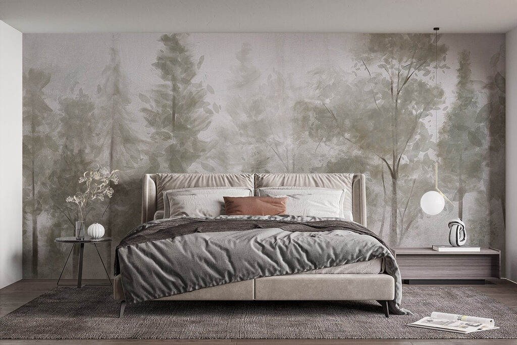 Lichte bosstammen achter mist — interieur 1