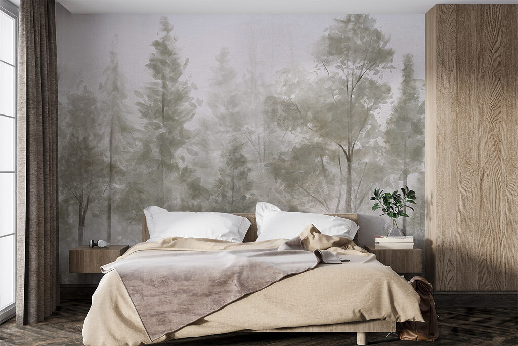 Lichte bosstammen achter mist — interieur 2