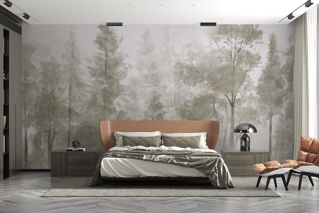 Lichte bosstammen achter mist — interieur 3