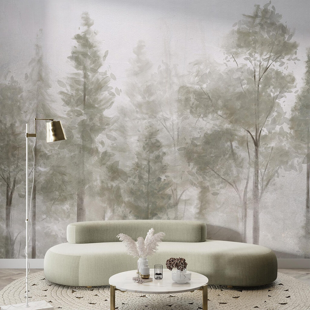 Lichte bosstammen achter mist — interieur 4