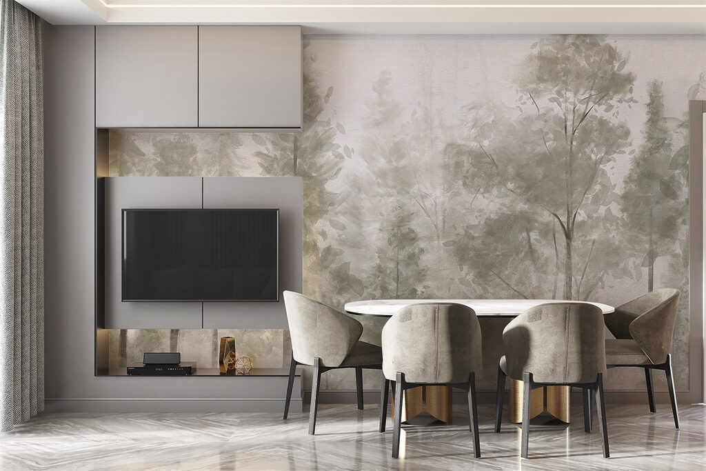 Lichte bosstammen achter mist — interieur 5