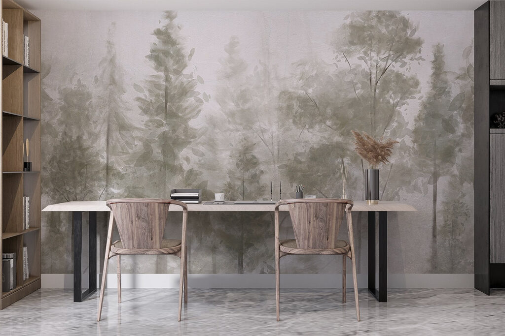 Lichte bosstammen achter mist — interieur 6