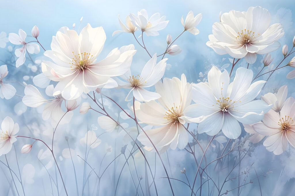 Witte bloemen op hemelsblauw — volledig ontwerp