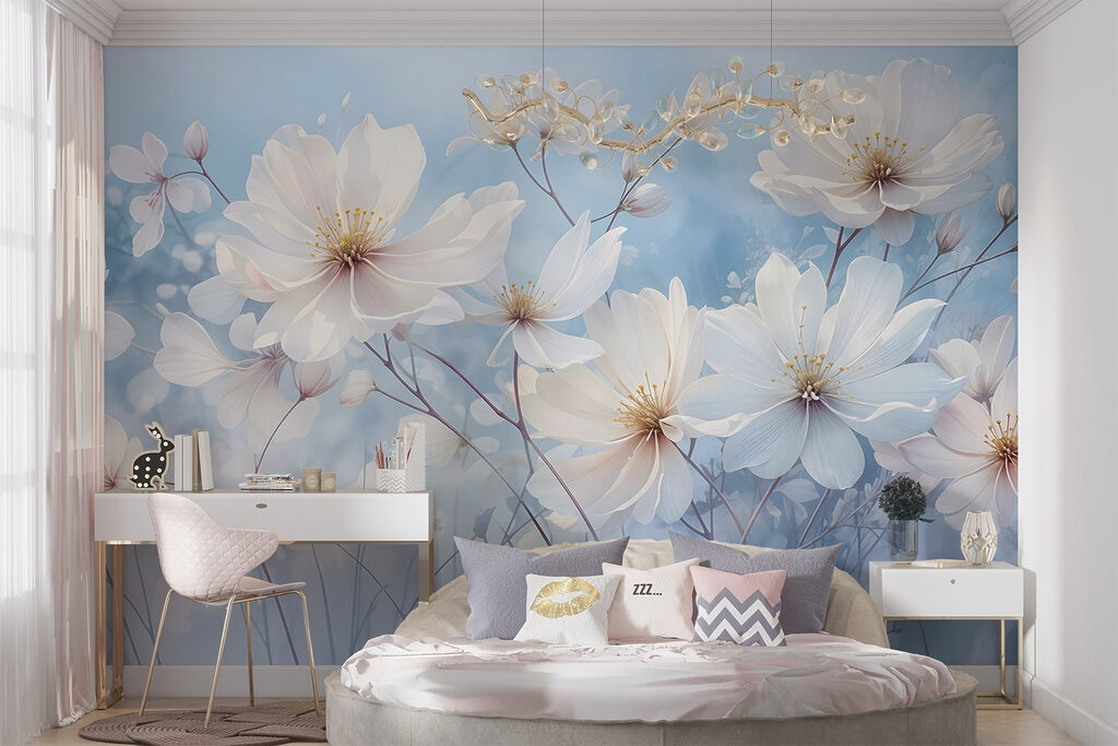 Witte bloemen op hemelsblauw — interieur 1