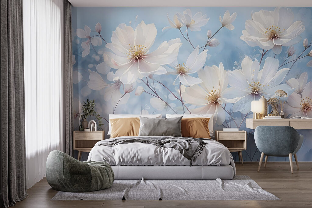 Witte bloemen op hemelsblauw — interieur 2