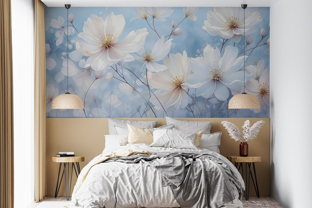 Witte bloemen op hemelsblauw — interieur 3