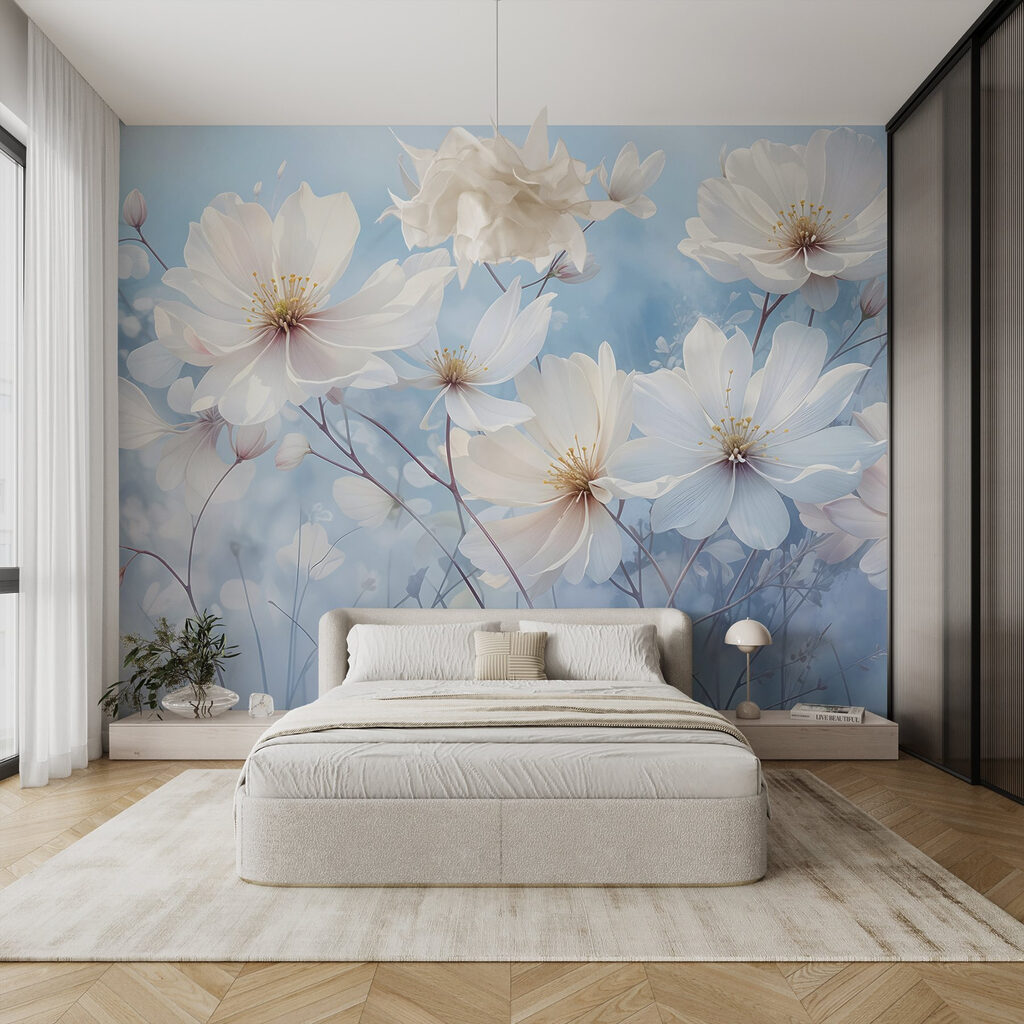 Witte bloemen op hemelsblauw — interieur 4