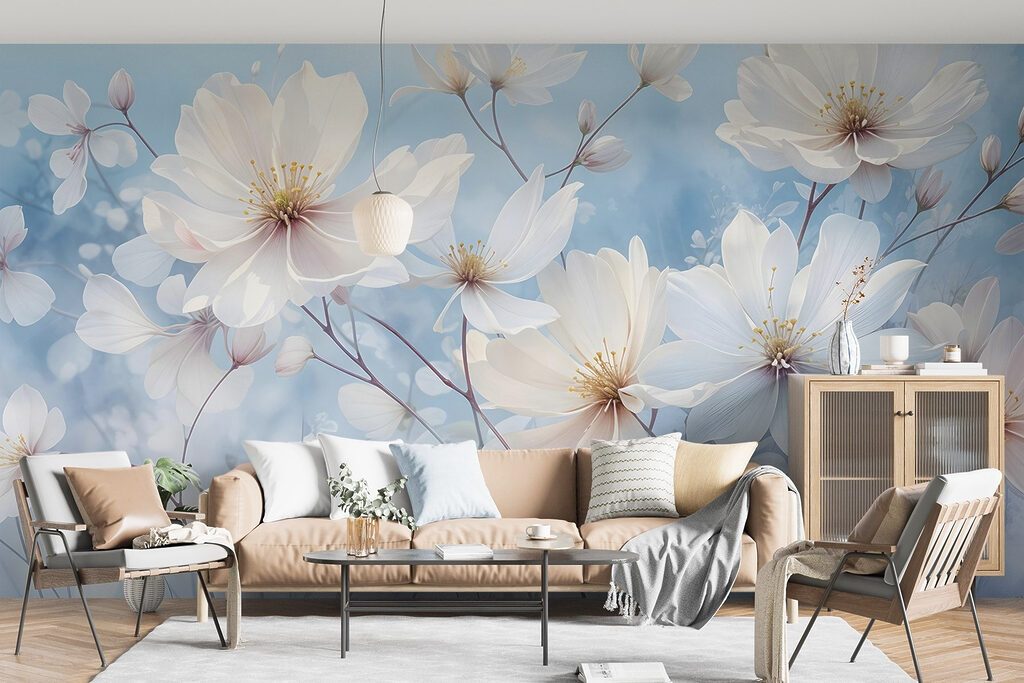 Witte bloemen op hemelsblauw — interieur 5
