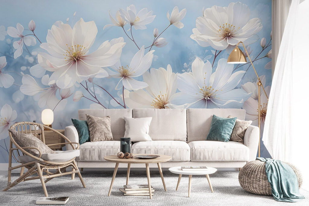 Witte bloemen op hemelsblauw — interieur 6