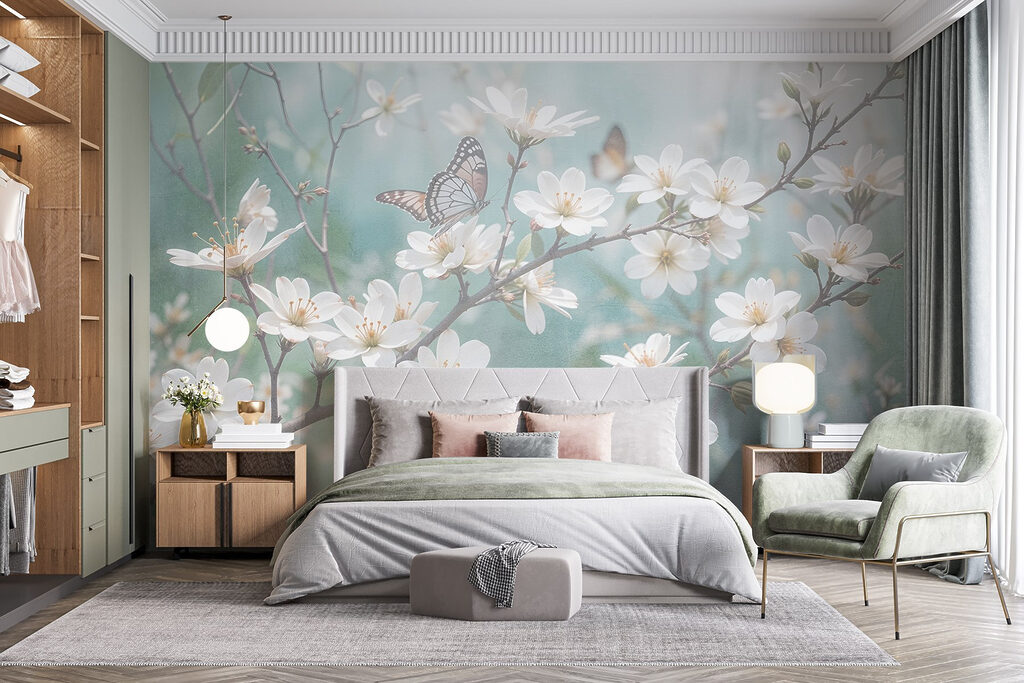 Vlinder op een witte bloem in een interieur
