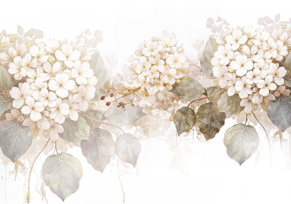 Witte bloemtrossen met waterverfdruppels — volledig ontwerp