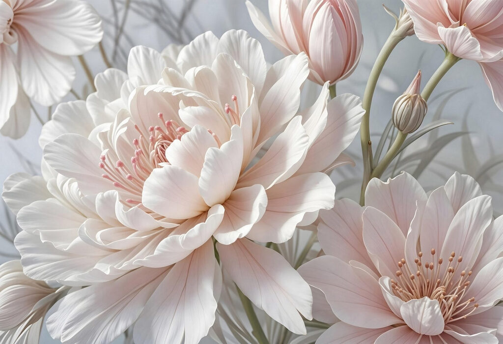 Witte bloei met rozegloed — volledig ontwerp