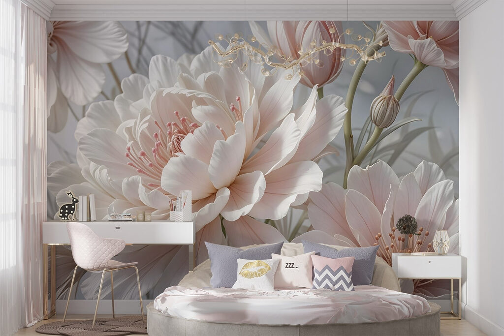 Witte bloei met rozegloed — interieur 2