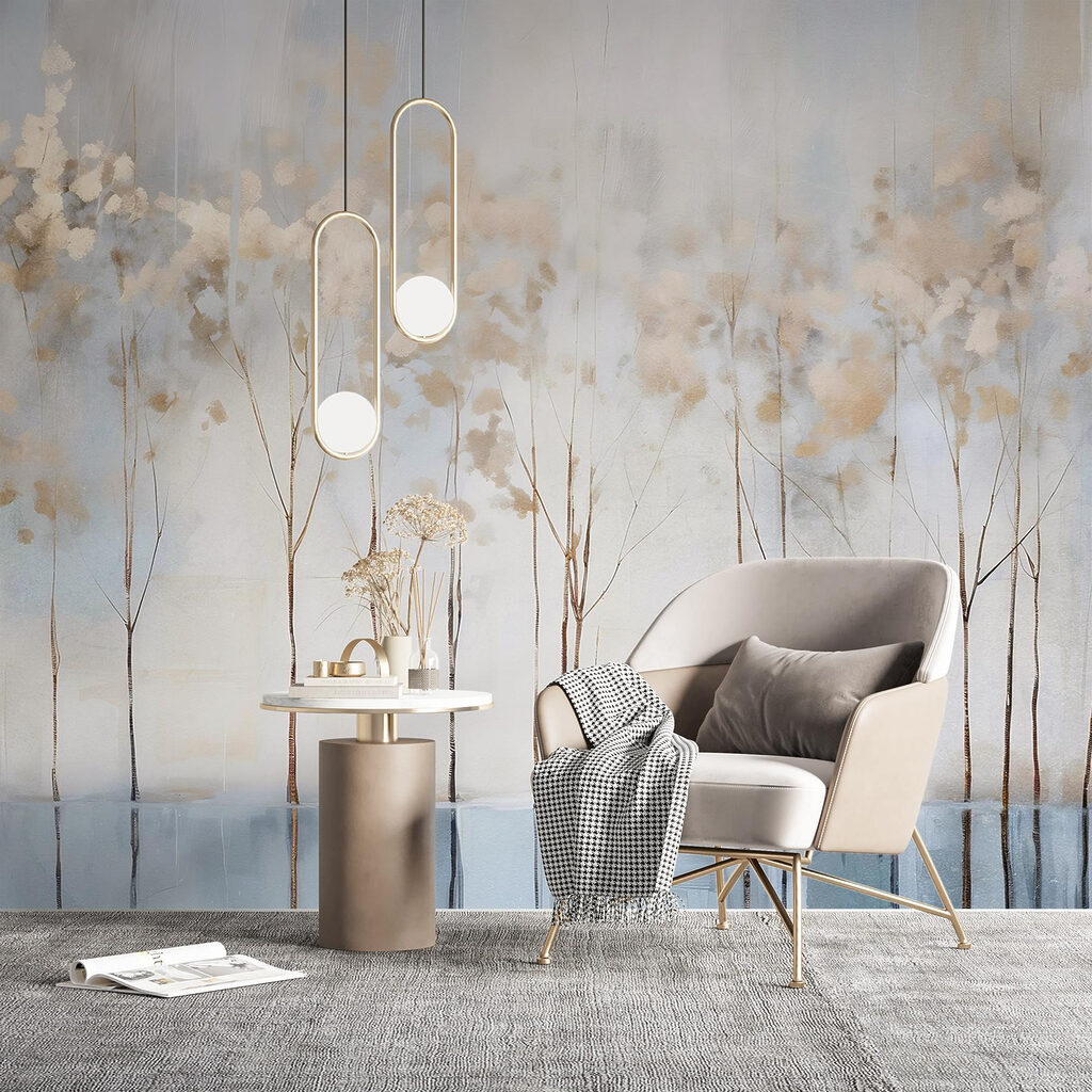 Bloemstelen over blauwe streken — interieur 3