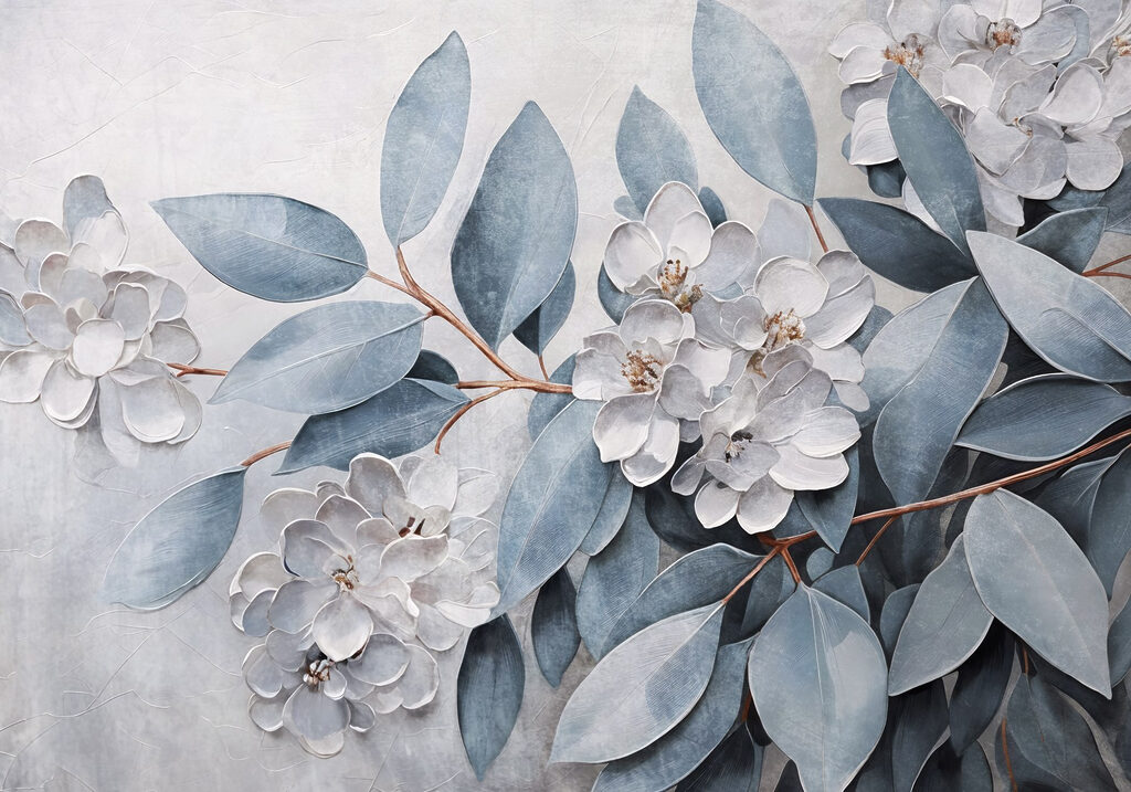 Blauwe bladeren tussen bloemreliëf — volledig ontwerp