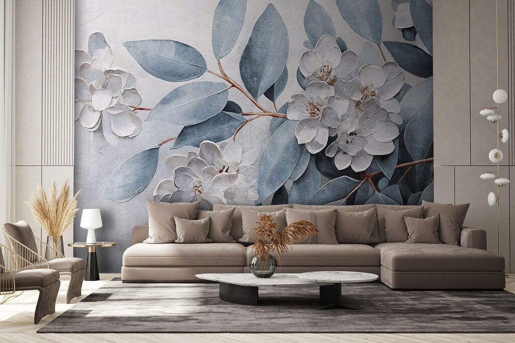 Blauwe bladeren tussen bloemreliëf — interieur 1