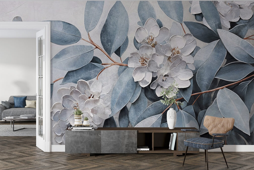 Blauwe bladeren tussen bloemreliëf — interieur 2
