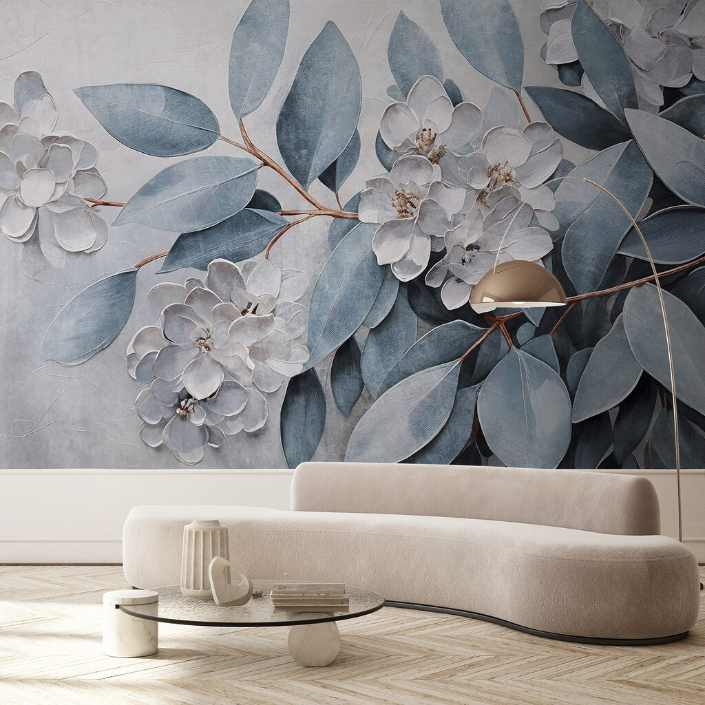 Blauwe bladeren tussen bloemreliëf — interieur 3