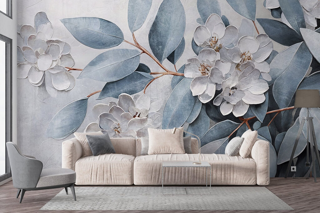 Blauwe bladeren tussen bloemreliëf — interieur 4