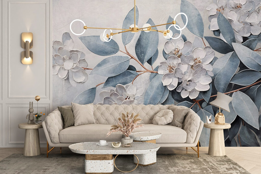 Blauwe bladeren tussen bloemreliëf — interieur 5