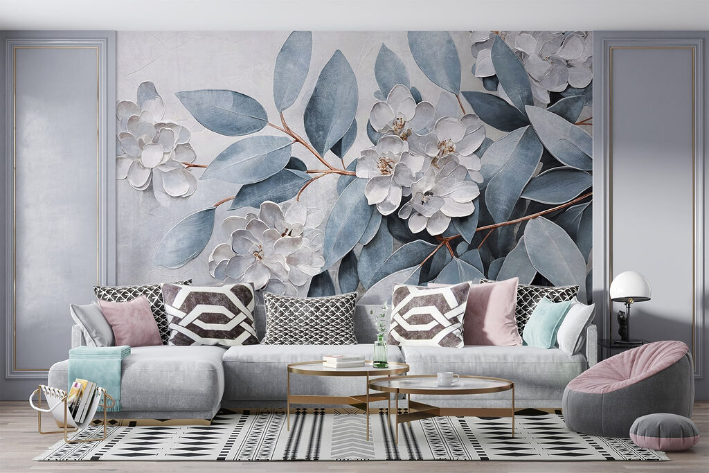 Blauwe bladeren tussen bloemreliëf — interieur 6