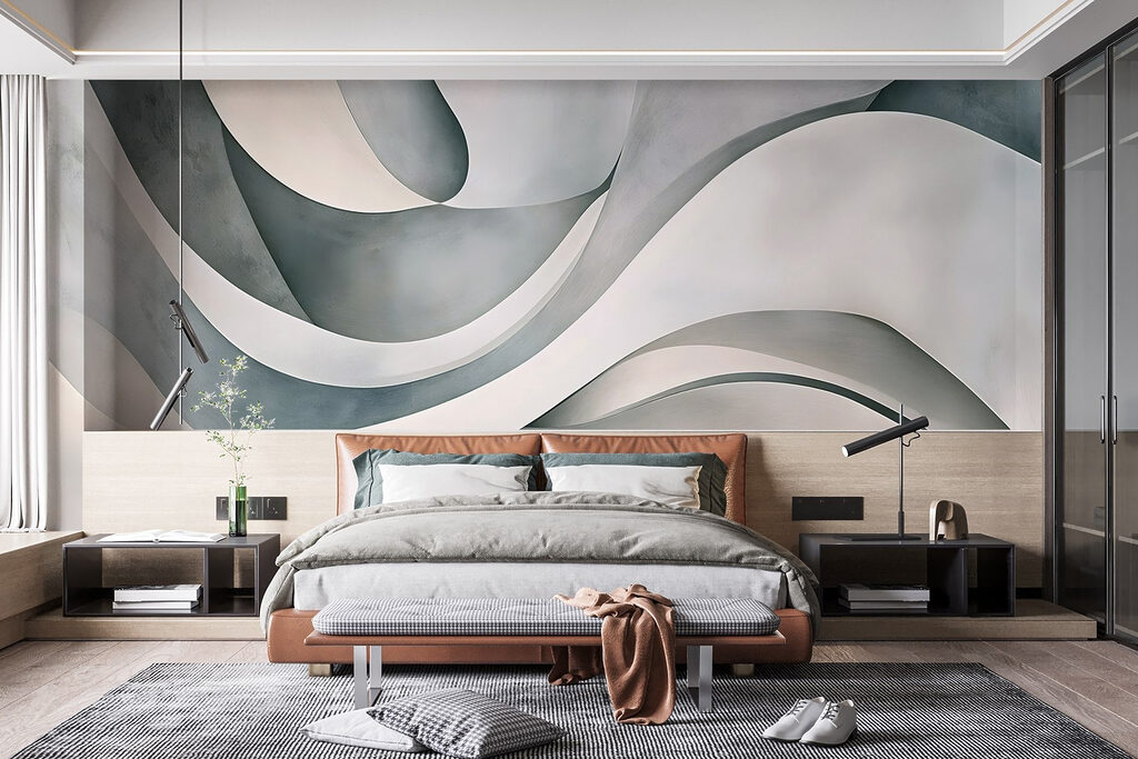 Witte en grijze golvende lijnen in een interieur