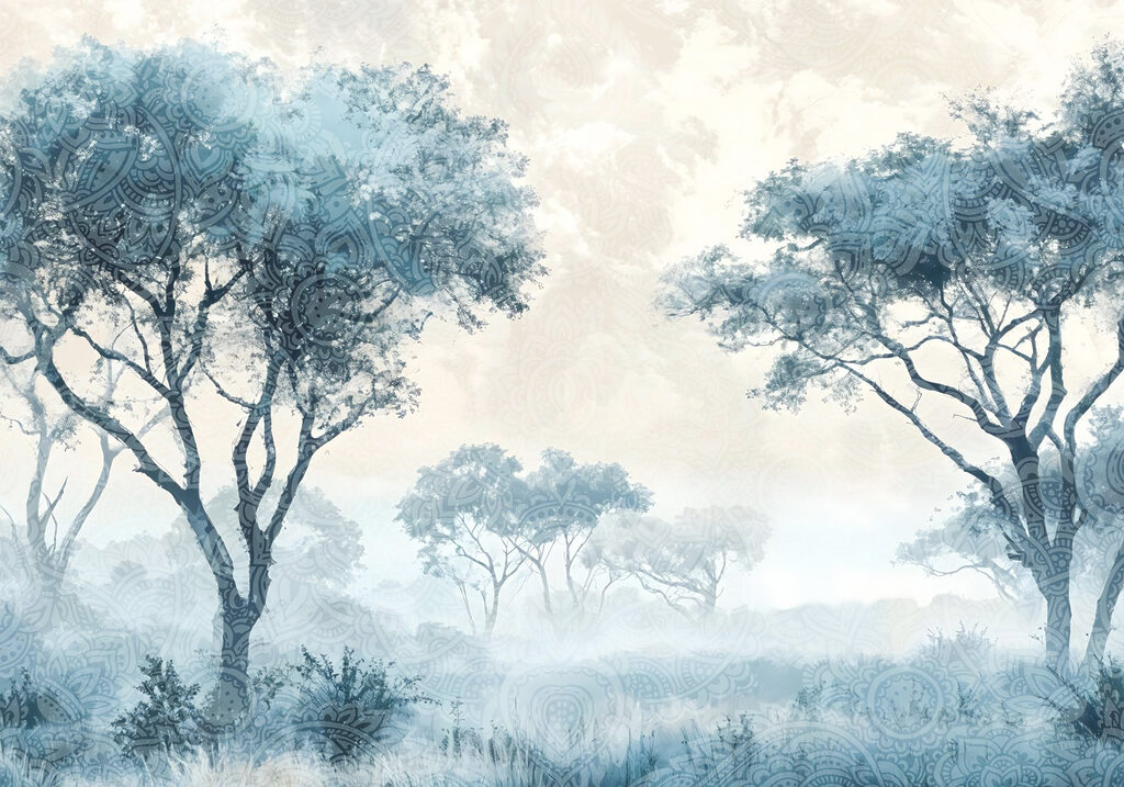 Blauwe boomkruinen langs grasland — volledig ontwerp