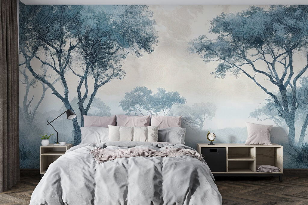 Blauwe boomkruinen langs grasland — interieur 1
